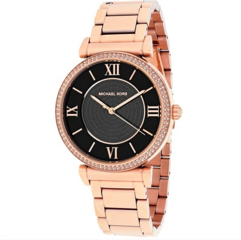 CATLIN BLACK CRYSTAL PAVE DIAL ROSE GOLD STEEL LADIES WATCH